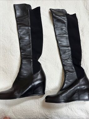 Stuart Weitzman Black Leather Over-the-Knee Wedge Boots